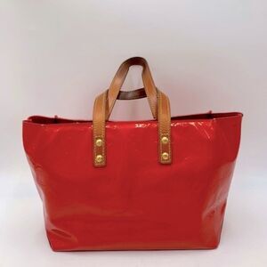 Auth Louis Vuitton Mini Red LV Monogram Vernis Tote Vachetta Leather Handles